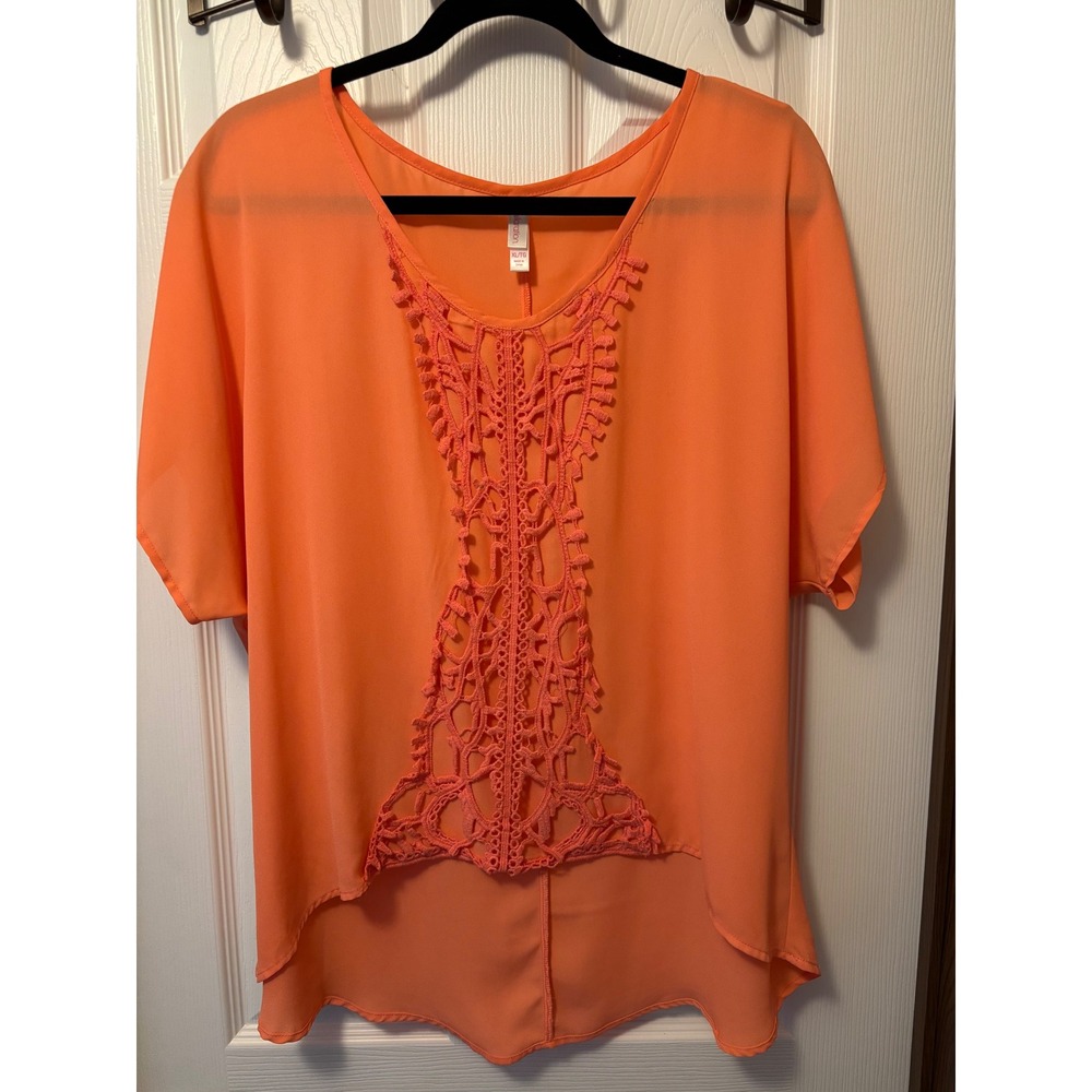 Xhilaration Coral Orange Crochet Lace Chiffon High Low Blouse XL